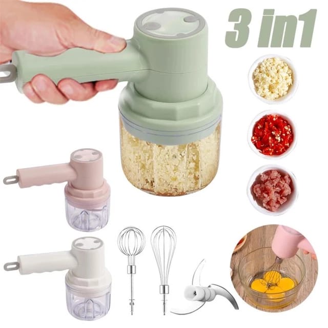Portable USB Rechargeable Wireles 3 In 1 Electric Garlic Chopper, Crusher, Blender Egg Whisk