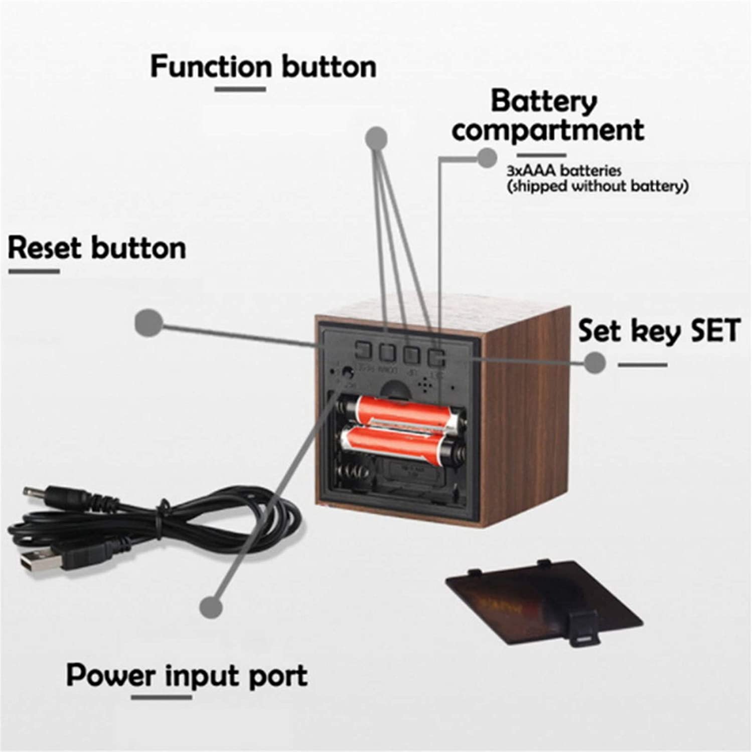 Rechargeable Square Wooden Alarm Clock Voice Control Snooze Function